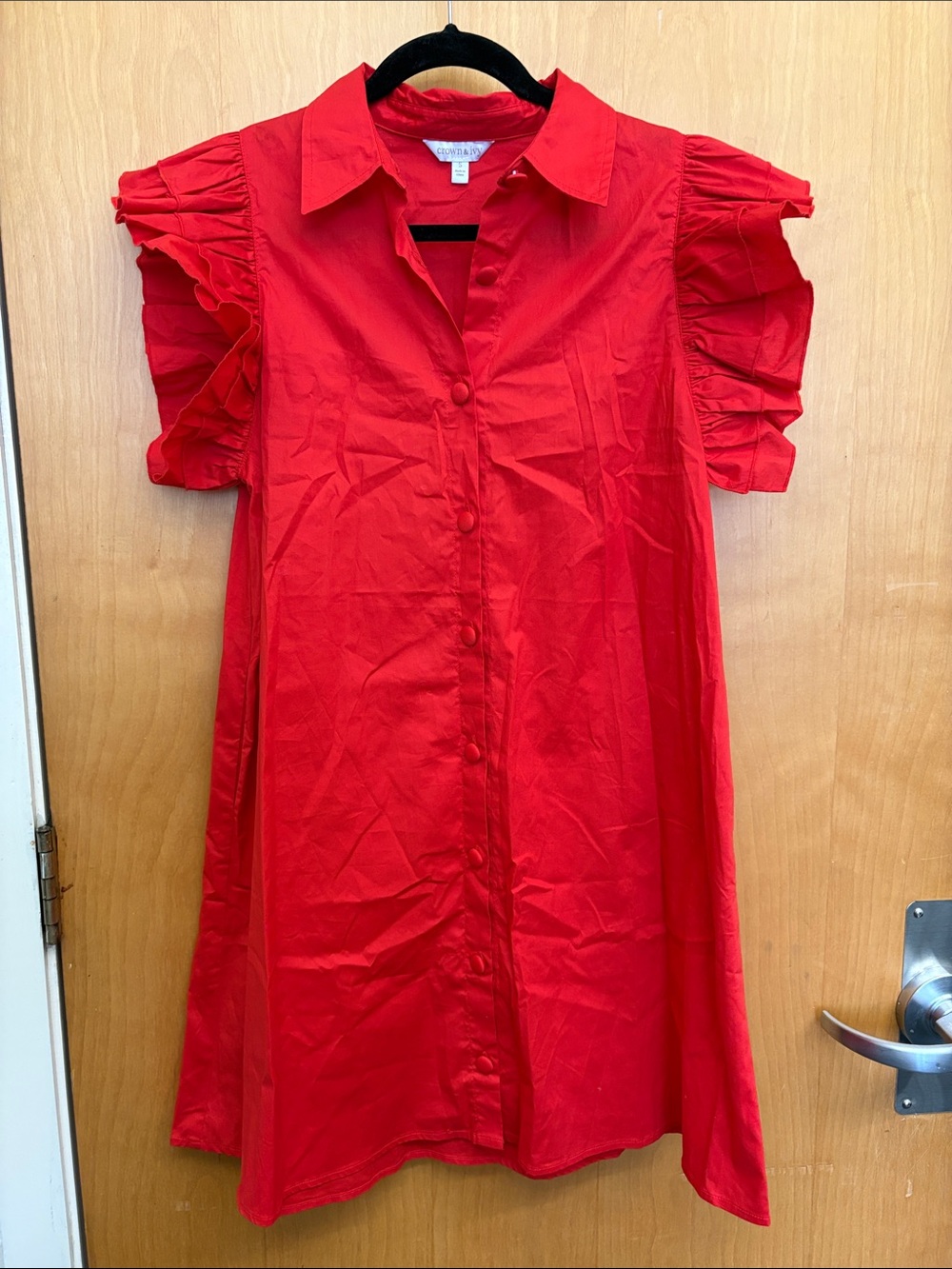 Crown & Ivy Red Button-Front Dress with Ruffle Sleeves